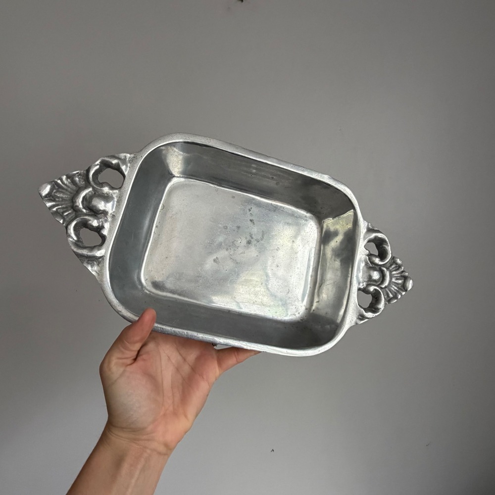 Vintage Mexican Pewter Aluminum Serving Tray‎ Floral Scroll Handles 13 Inch